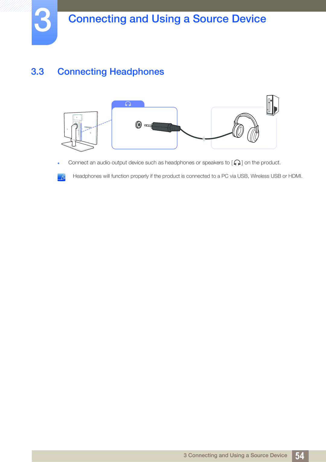 Samsung LC24A650XSR/EN, LC24A650XS/EN, LC24A650XS/XK manual Connecting Headphones 