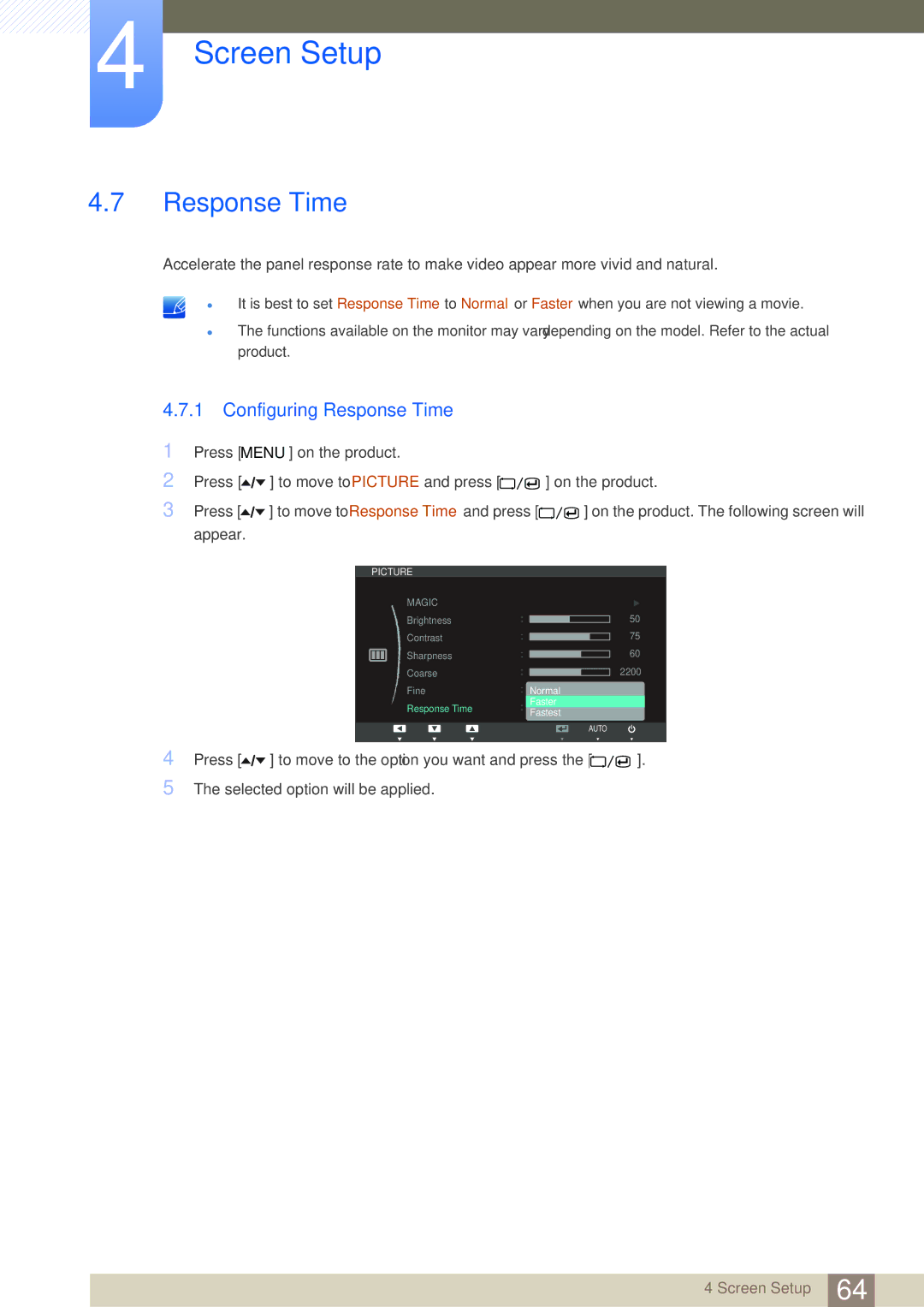 Samsung LC24A650XS/EN, LC24A650XSR/EN, LC24A650XS/XK manual Configuring Response Time 