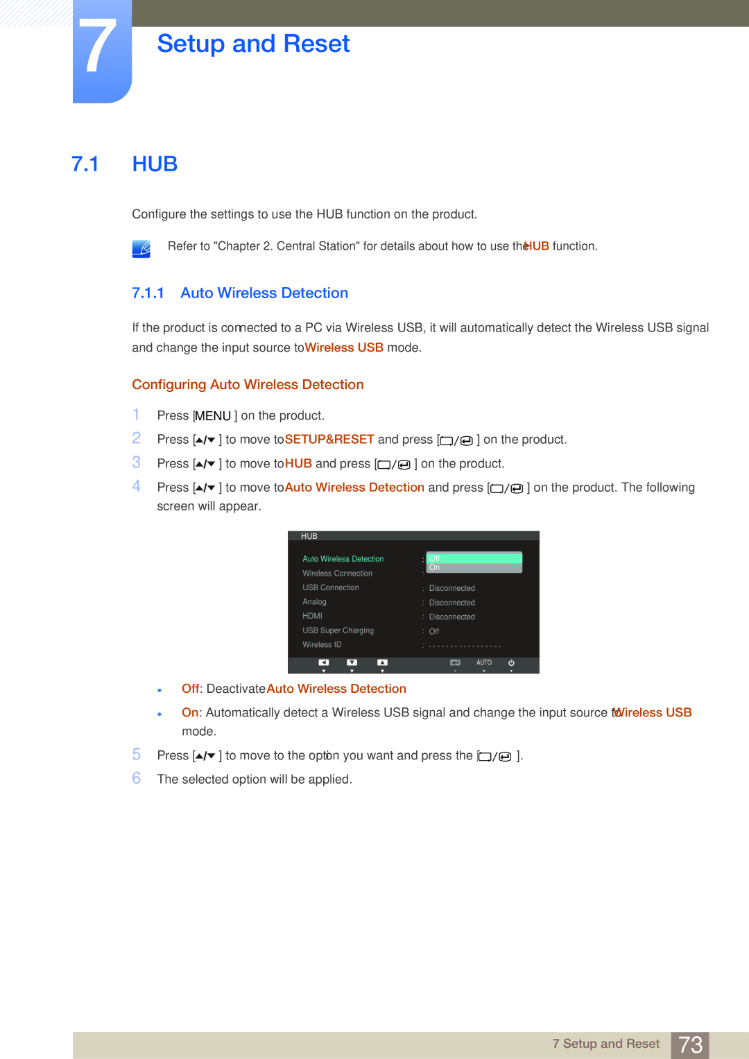 Samsung LC24A650XS/EN, LC24A650XSR/EN, LC24A650XS/XK manual Setup and Reset, Hub, Configuring Auto Wireless Detection 