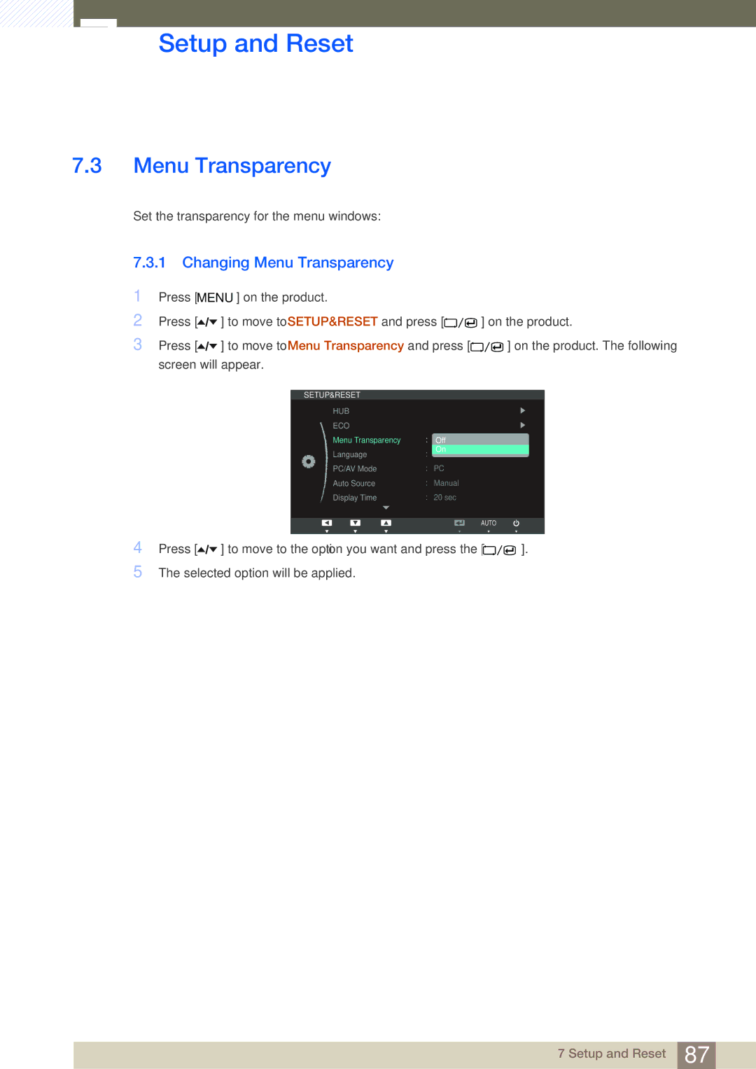 Samsung LC24A650XSR/EN, LC24A650XS/EN, LC24A650XS/XK manual Changing Menu Transparency 