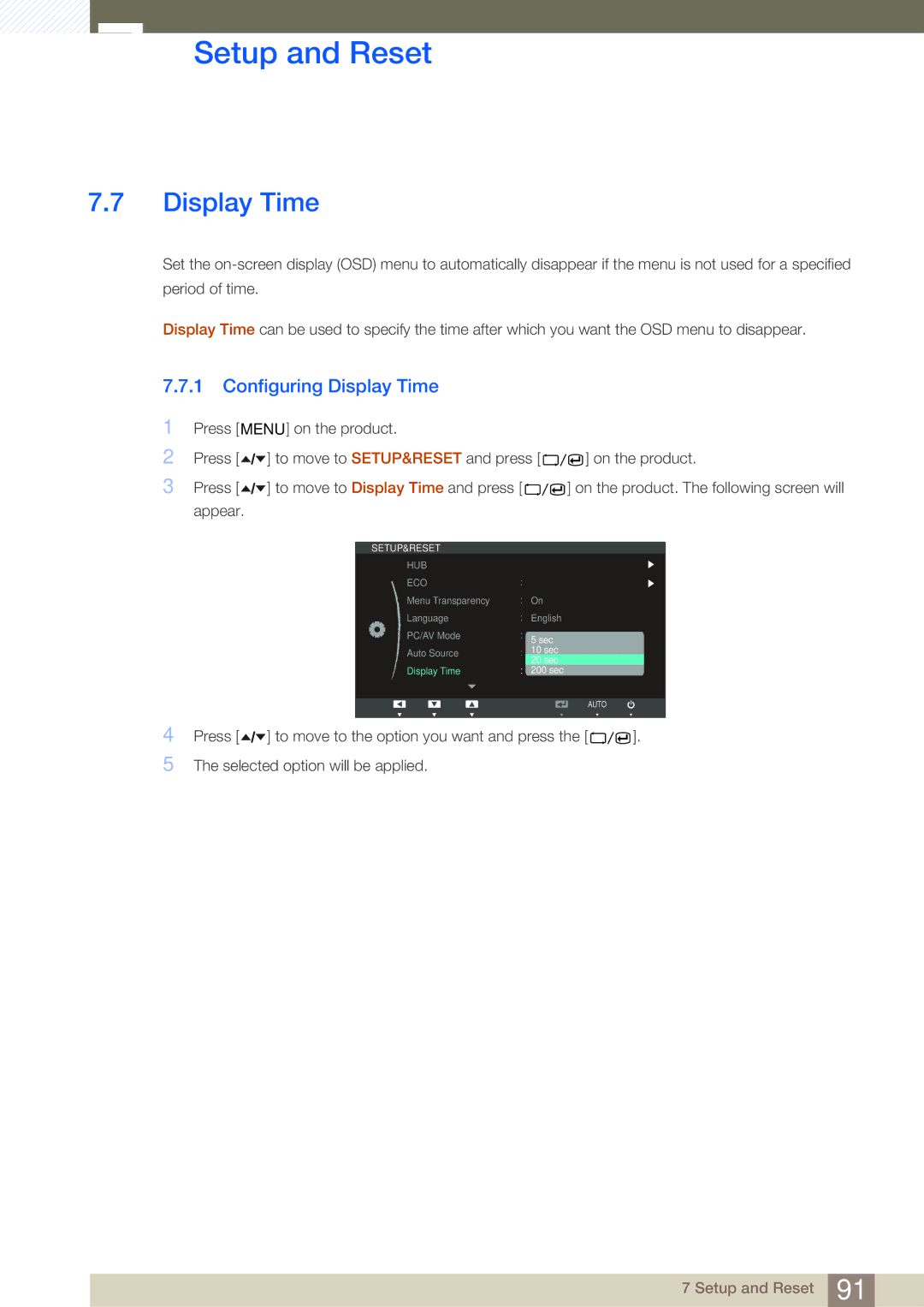 Samsung LC24A650XS/EN, LC24A650XSR/EN, LC24A650XS/XK manual Configuring Display Time 