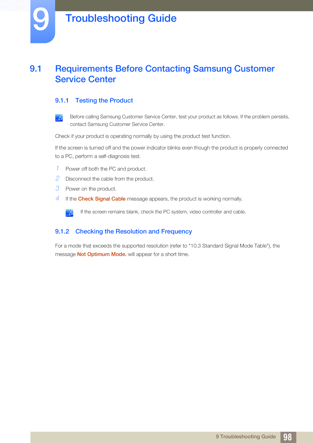 Samsung LC24A650XS/XK, LC24A650XSR/EN Troubleshooting Guide, Testing the Product, Checking the Resolution and Frequency 