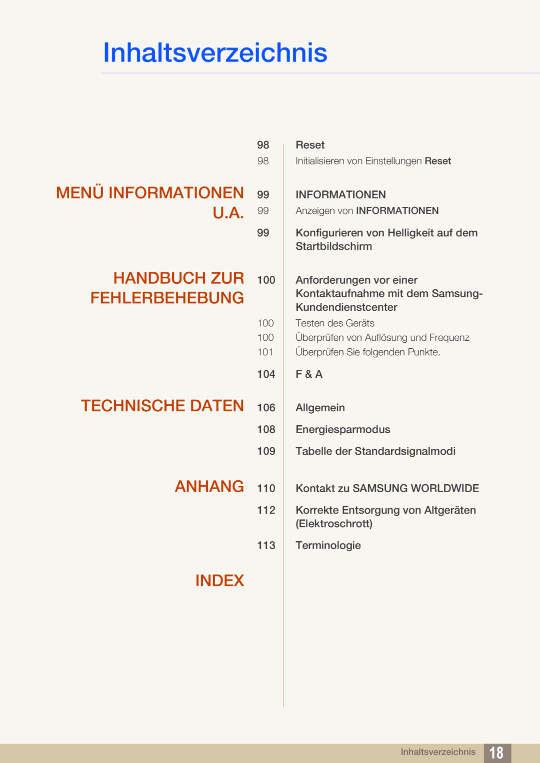 Samsung LC24A650XSR/EN, LC24A650XS/EN manual Menü Informationen 99 U.A Handbuch ZUR 100 Fehlerbehebung 