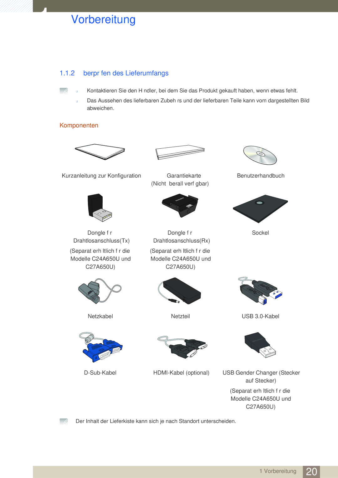 Samsung LC24A650XSR/EN, LC24A650XS/EN manual 2 Überprüfen des Lieferumfangs, Komponenten 