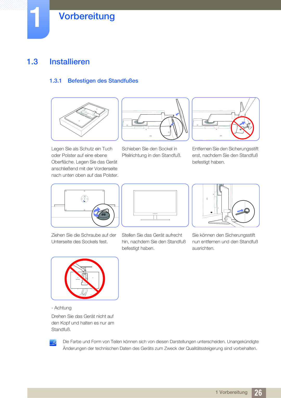 Samsung LC24A650XSR/EN, LC24A650XS/EN manual Installieren, Befestigen des Standfußes 