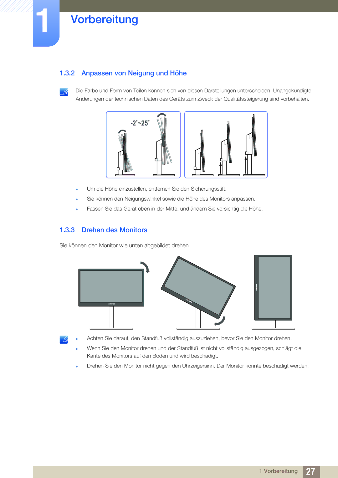 Samsung LC24A650XS/EN, LC24A650XSR/EN manual Anpassen von Neigung und Höhe, Drehen des Monitors 