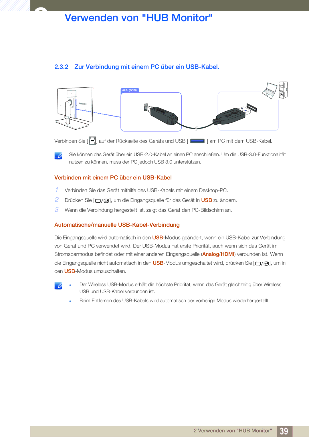 Samsung LC24A650XS/EN manual Zur Verbindung mit einem PC über ein USB-Kabel, Verbinden mit einem PC über ein USB-Kabel 