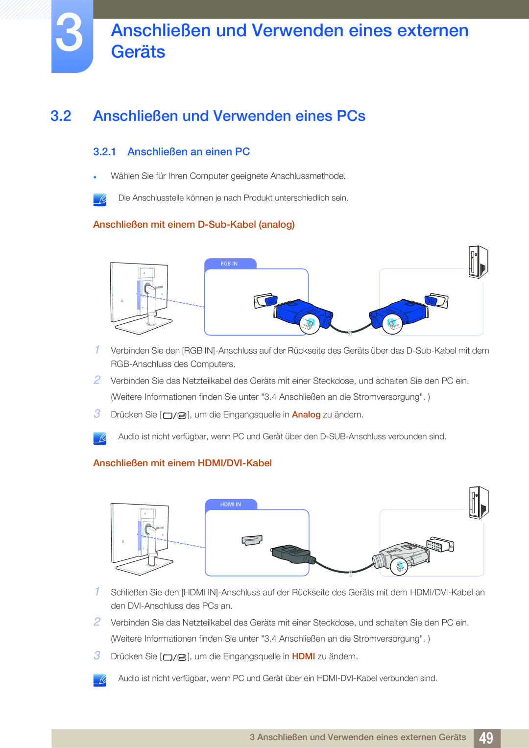 Samsung LC24A650XS/EN Anschließen und Verwenden eines PCs, Anschließen an einen PC, Anschließen mit einem HDMI/DVI-Kabel 