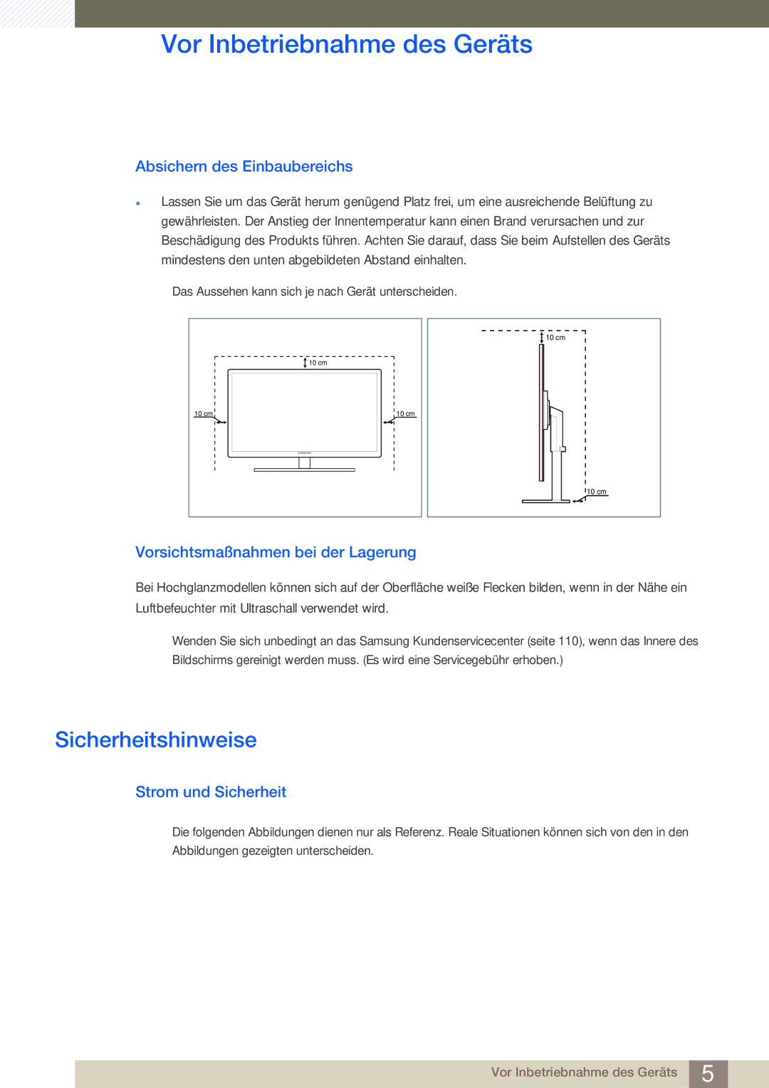 Samsung LC24A650XS/EN manual Sicherheitshinweise, Absichern des Einbaubereichs, Vorsichtsmaßnahmen bei der Lagerung 