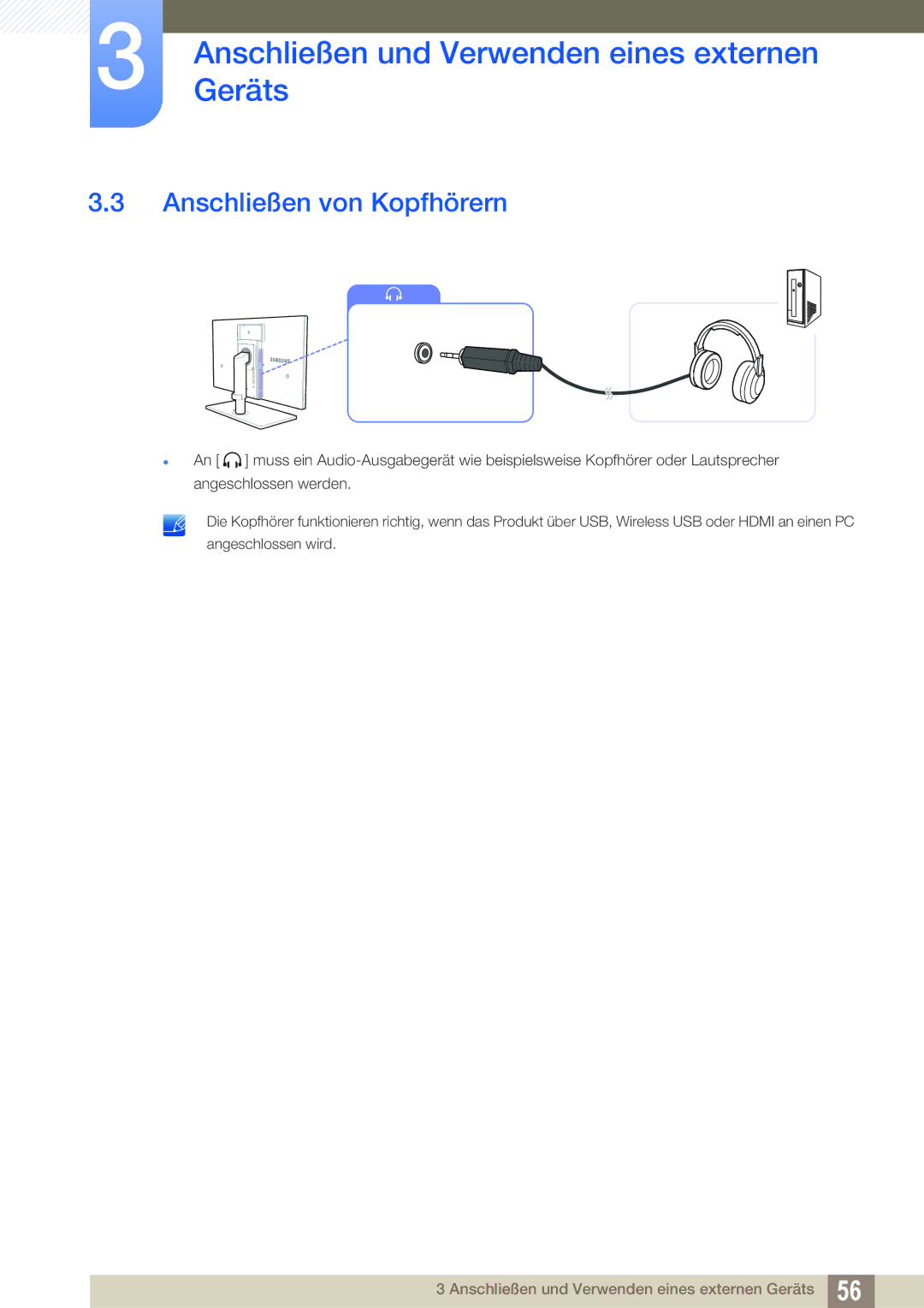 Samsung LC24A650XSR/EN, LC24A650XS/EN manual Anschließen von Kopfhörern 