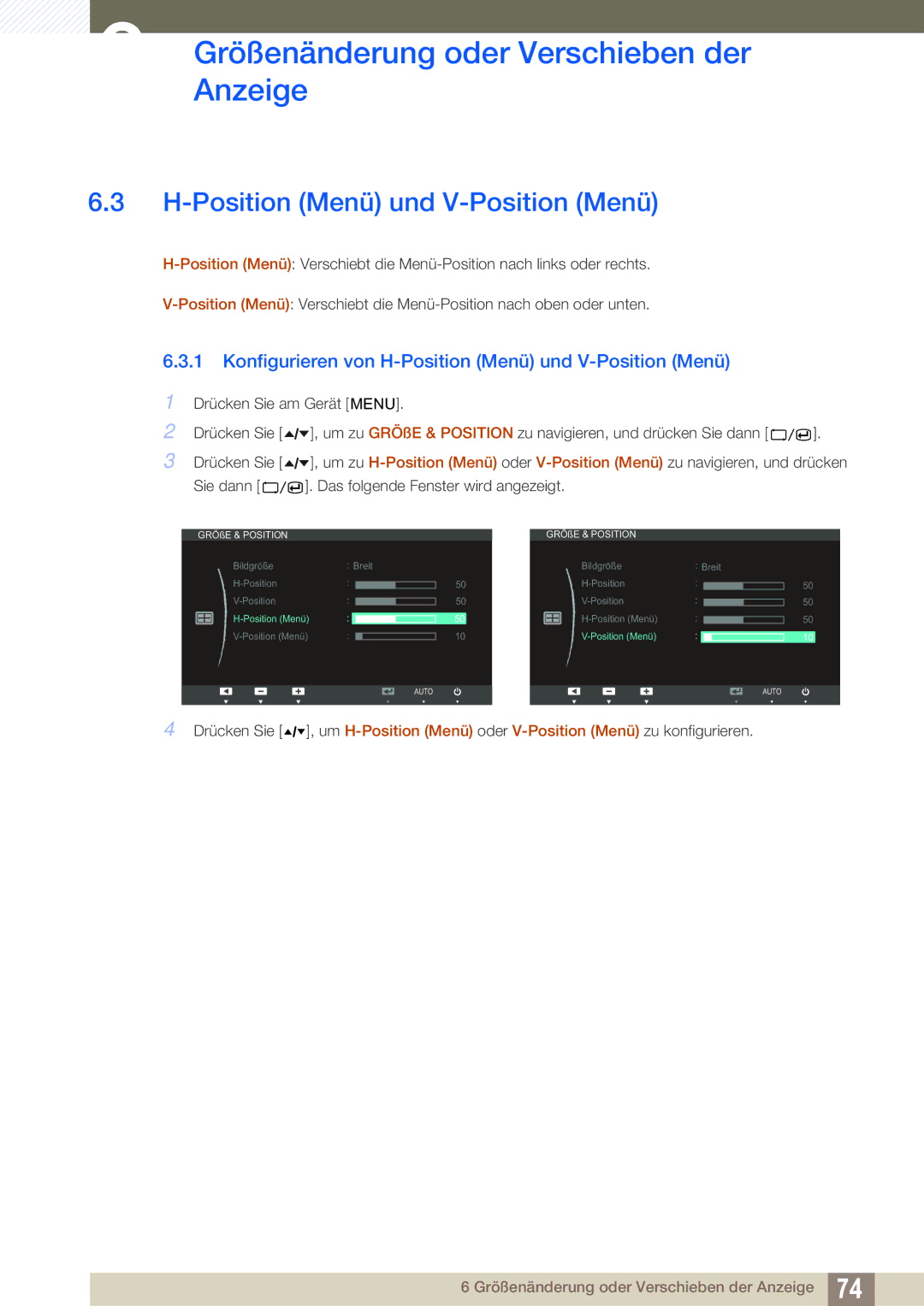 Samsung LC24A650XSR/EN, LC24A650XS/EN manual Konfigurieren von H-Position Menü und V-Position Menü 