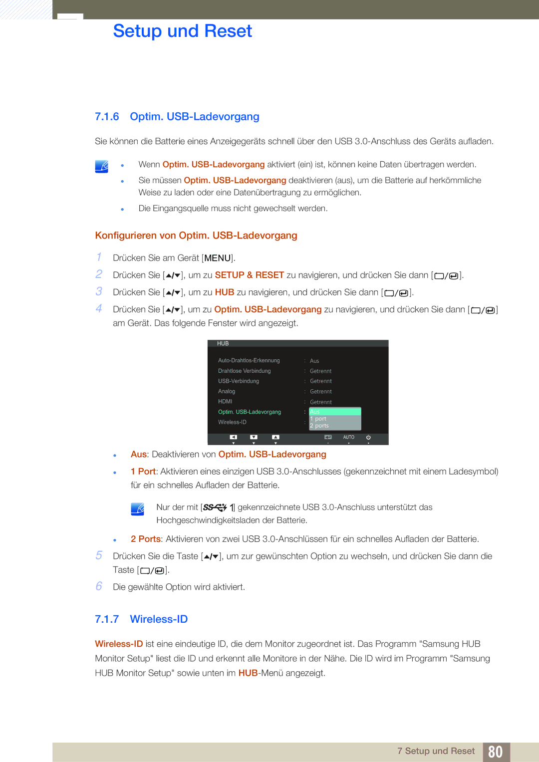 Samsung LC24A650XSR/EN, LC24A650XS/EN manual Wireless-ID, Konfigurieren von Optim. USB-Ladevorgang 