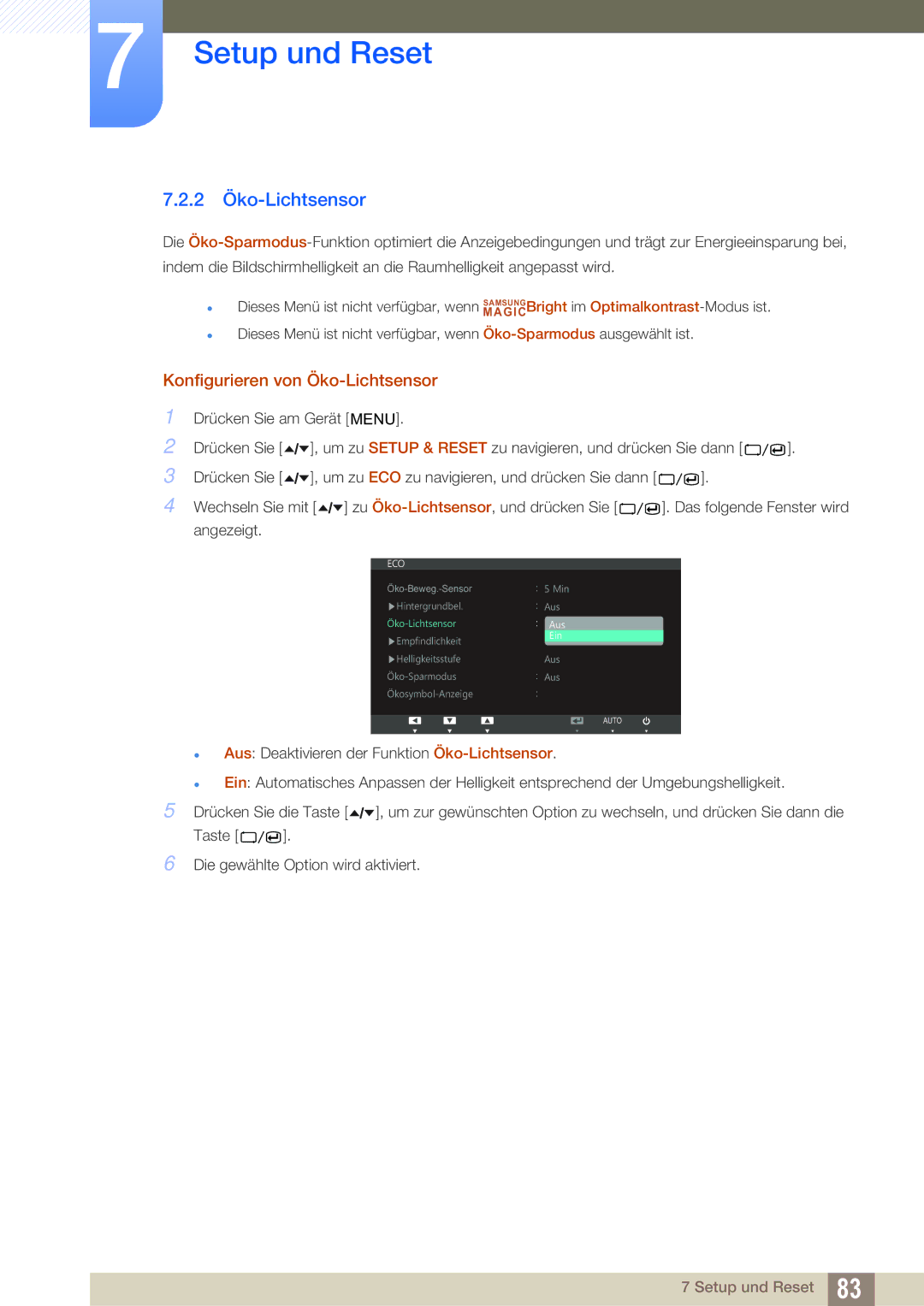 Samsung LC24A650XS/EN, LC24A650XSR/EN manual 2 Öko-Lichtsensor, Konfigurieren von Öko-Lichtsensor 