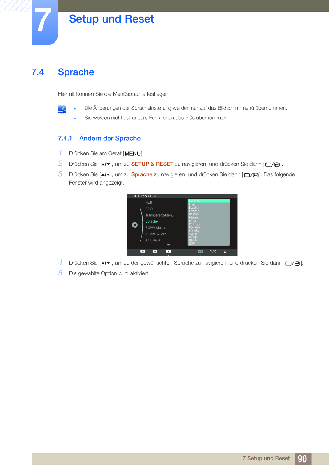 Samsung LC24A650XSR/EN, LC24A650XS/EN manual 1 Ändern der Sprache 