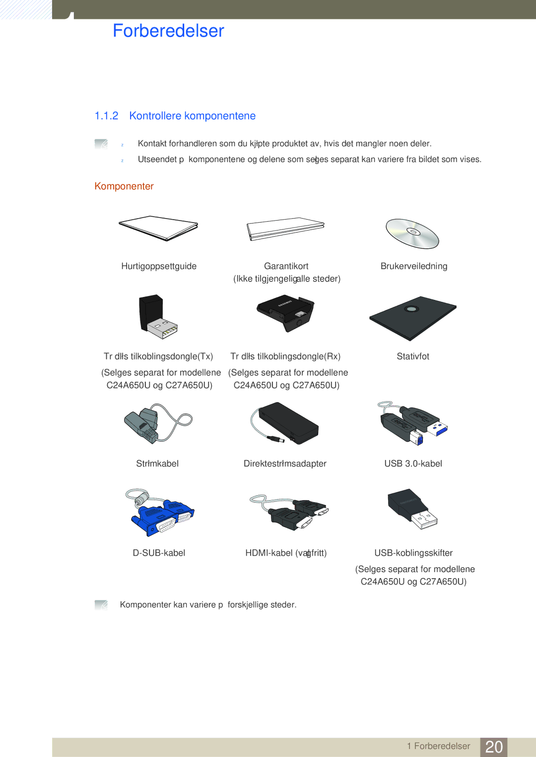 Samsung LC24A650XSR/EN, LC24A650XS/EN manual Kontrollere komponentene, Komponenter 