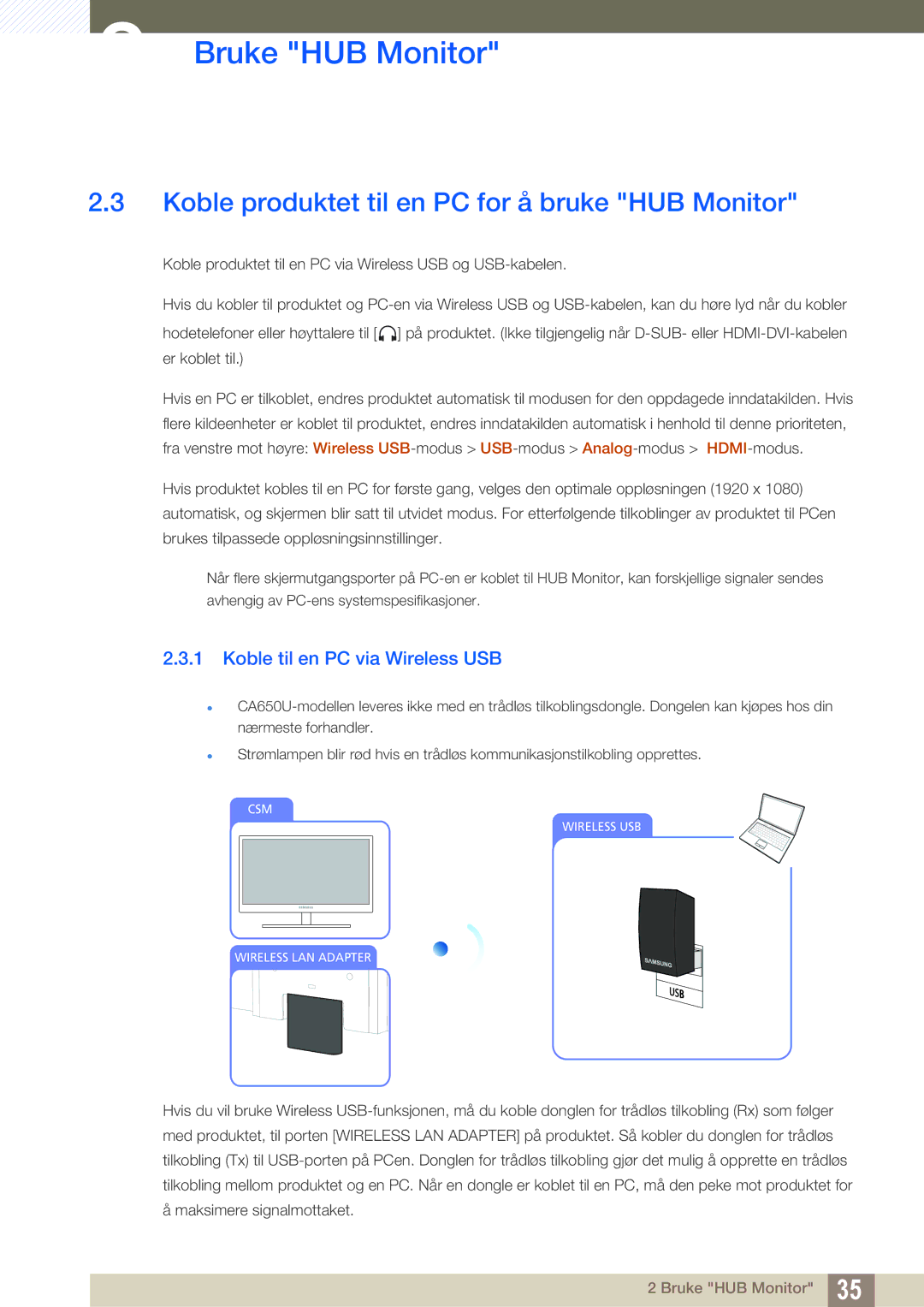 Samsung LC24A650XS/EN, LC24A650XSR/EN Koble produktet til en PC for å bruke HUB Monitor, Koble til en PC via Wireless USB 