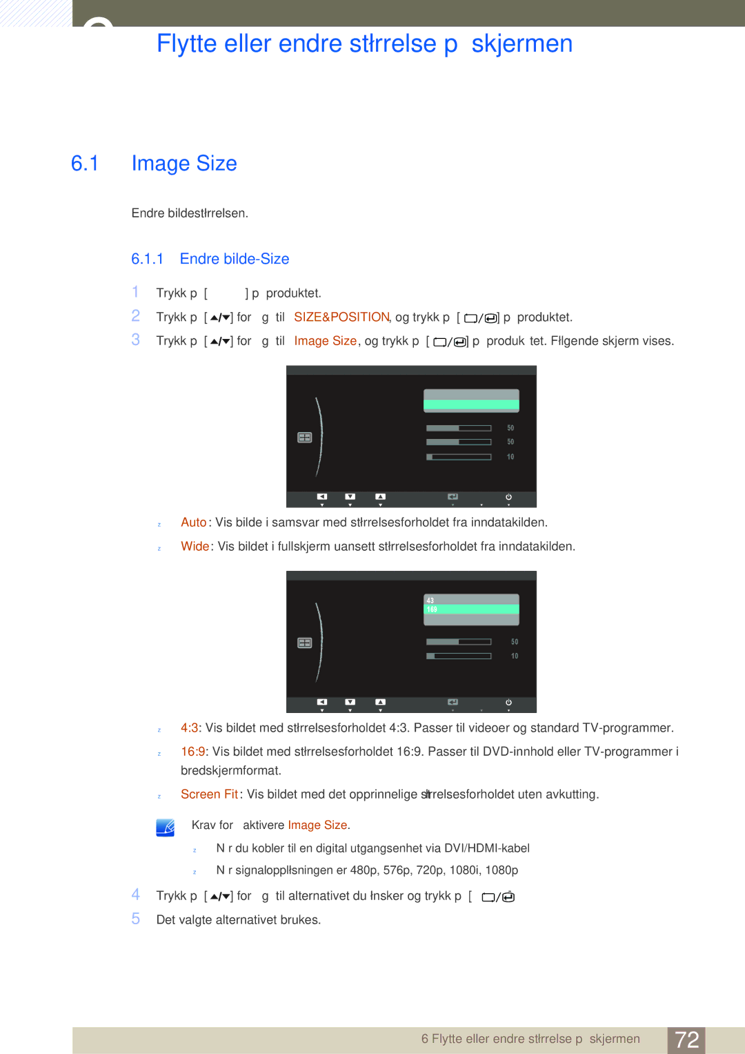 Samsung LC24A650XSR/EN, LC24A650XS/EN manual Flytte eller endre størrelse på skjermen, Image Size, Endre bilde-Size 