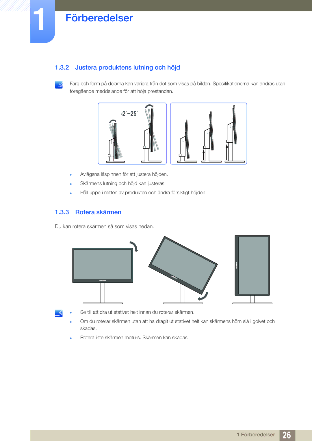 Samsung LC24A650XSR/EN, LC24A650XS/EN manual Justera produktens lutning och höjd, Rotera skärmen 