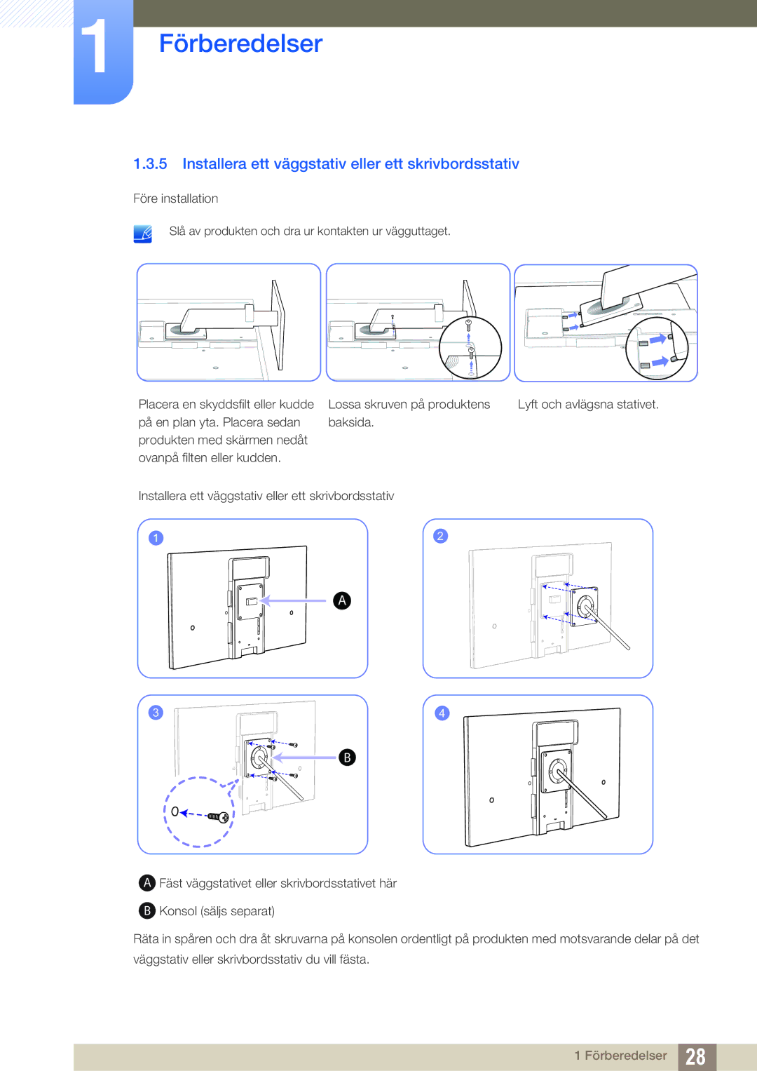 Samsung LC24A650XSR/EN, LC24A650XS/EN manual Installera ett väggstativ eller ett skrivbordsstativ 