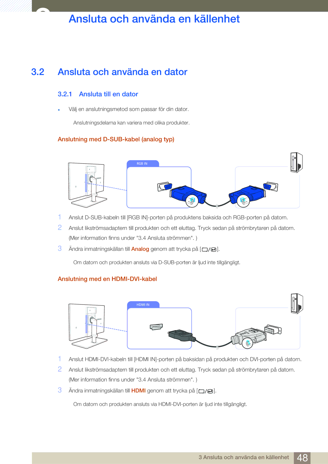 Samsung LC24A650XSR/EN manual Ansluta och använda en dator, Ansluta till en dator, Anslutning med D-SUB-kabel analog typ 