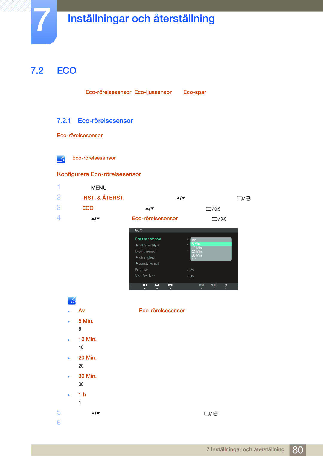 Samsung LC24A650XSR/EN, LC24A650XS/EN manual Konfigurera Eco-rörelsesensor 