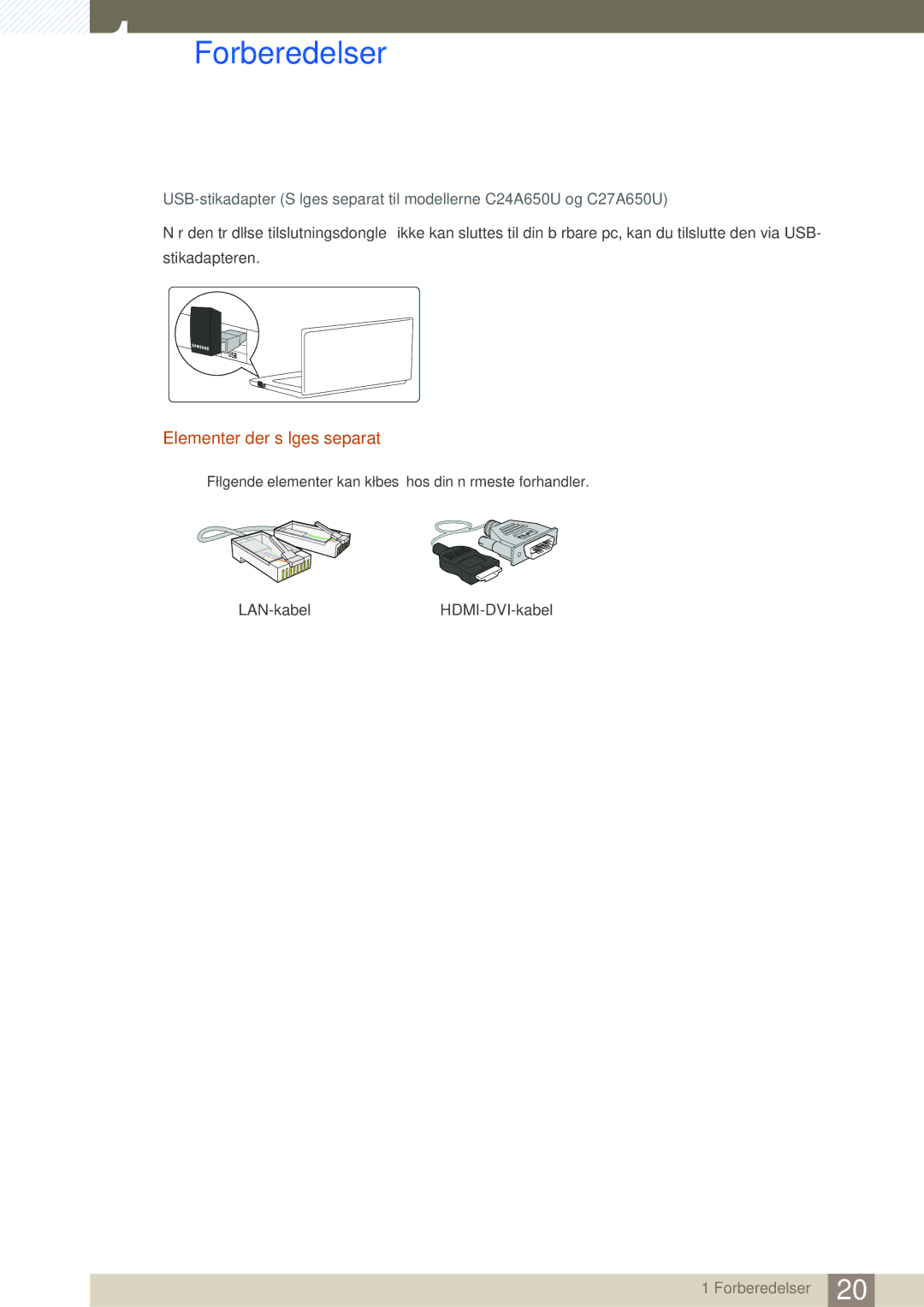 Samsung LC24A650XSR/EN, LC24A650XS/EN manual Elementer der sælges separat 