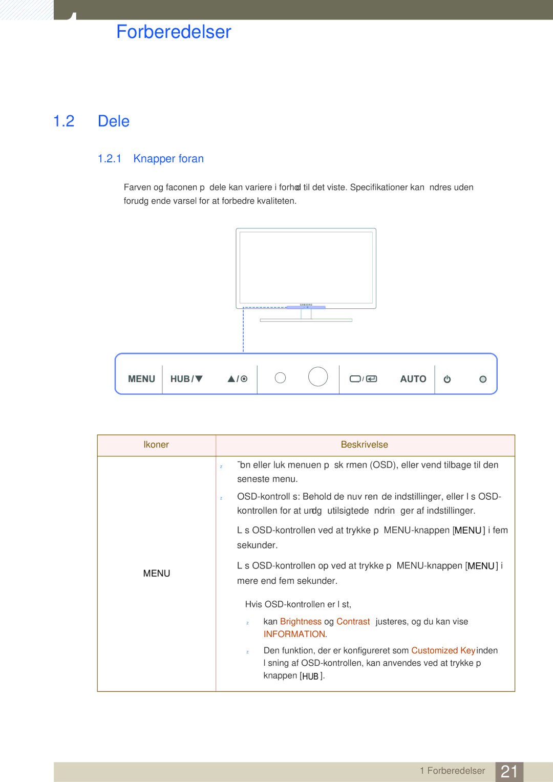 Samsung LC24A650XS/EN, LC24A650XSR/EN manual Dele, Knapper foran 