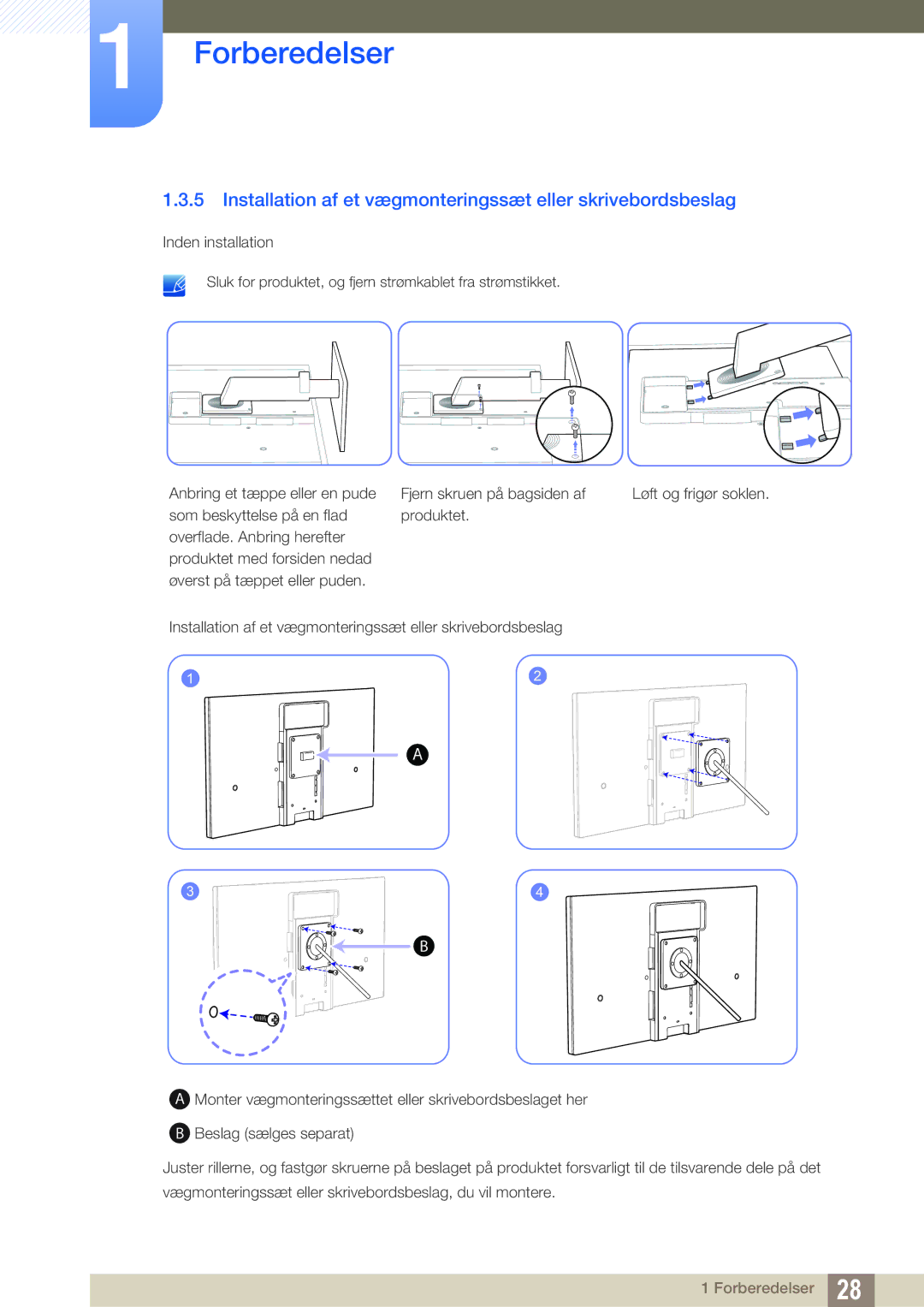 Samsung LC24A650XSR/EN, LC24A650XS/EN manual Installation af et vægmonteringssæt eller skrivebordsbeslag 