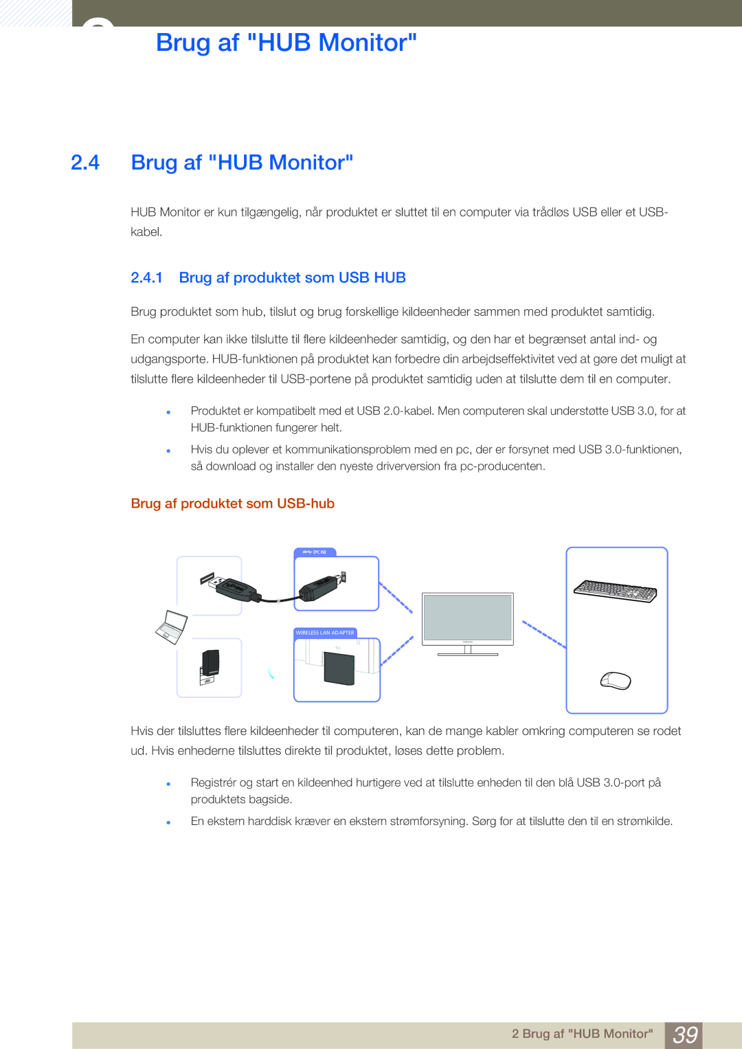 Samsung LC24A650XS/EN, LC24A650XSR/EN Brug af HUB Monitor, Brug af produktet som USB HUB, Brug af produktet som USB-hub 