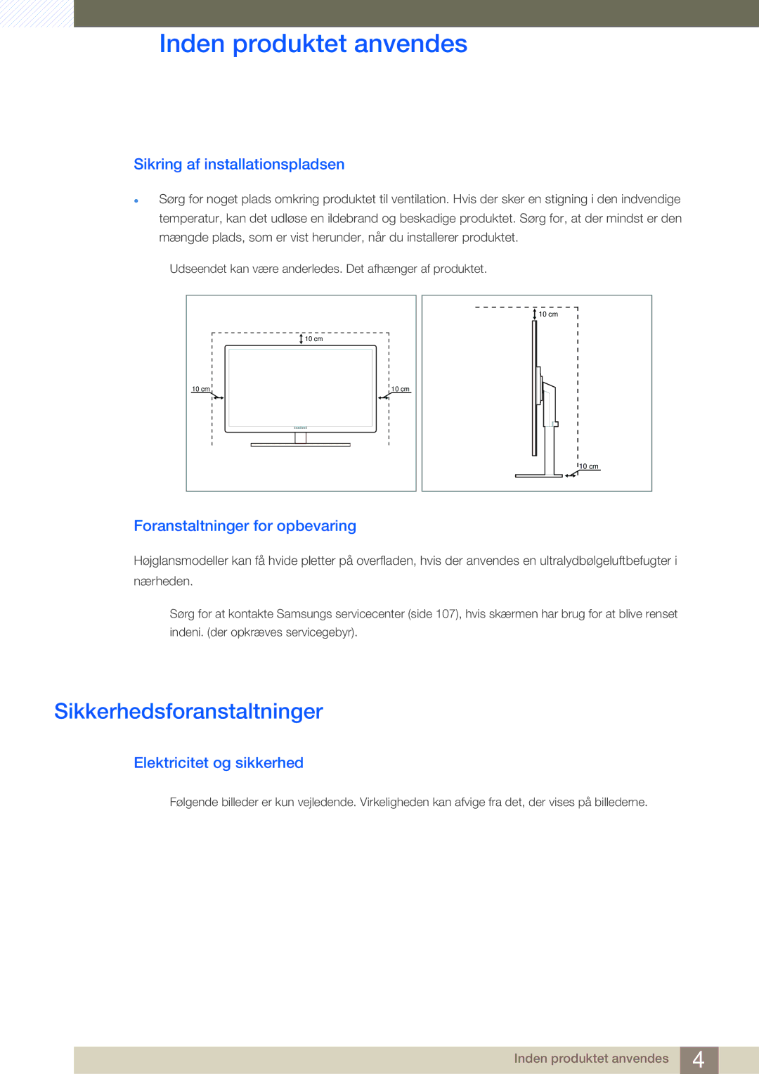 Samsung LC24A650XSR/EN manual Sikkerhedsforanstaltninger, Sikring af installationspladsen, Foranstaltninger for opbevaring 