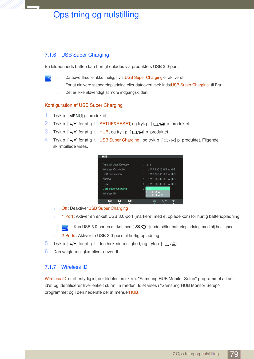 Samsung LC24A650XS/EN, LC24A650XSR/EN manual Wireless ID, Konfiguration af USB Super Charging 