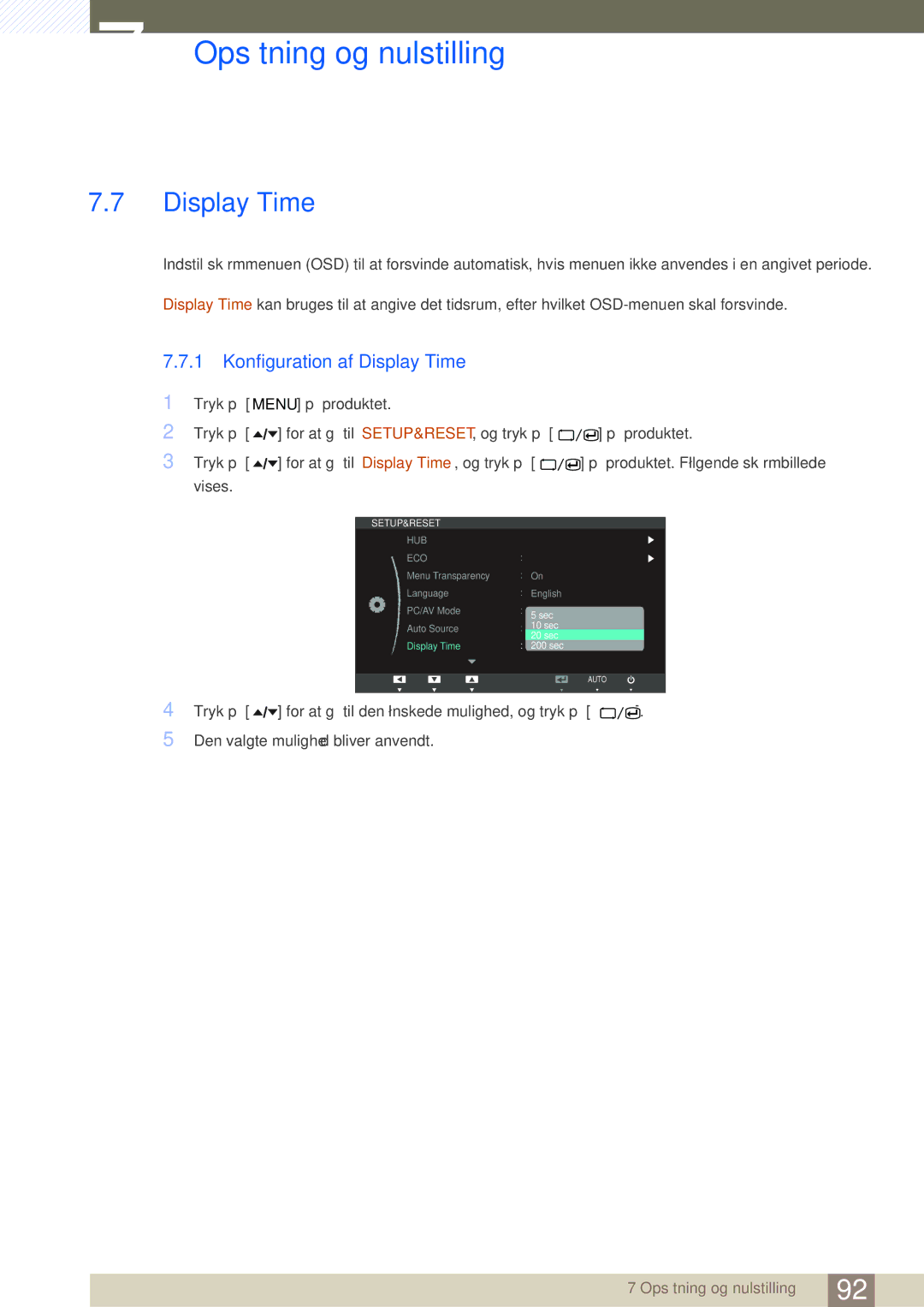 Samsung LC24A650XSR/EN, LC24A650XS/EN manual Konfiguration af Display Time 