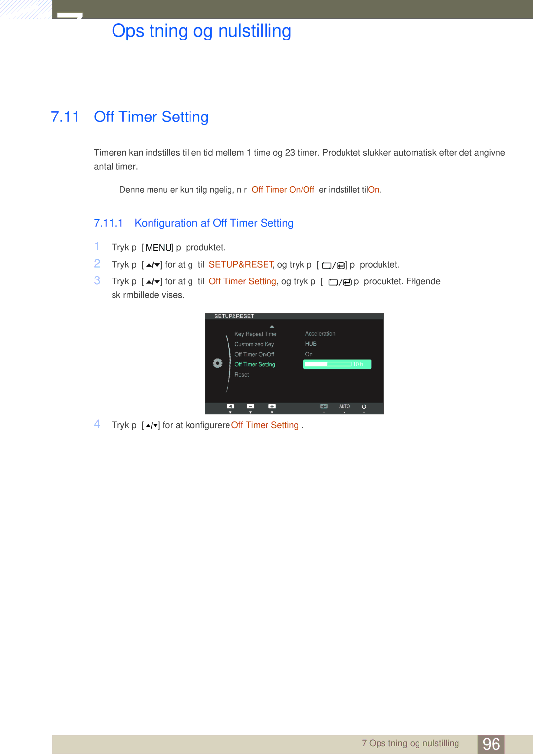 Samsung LC24A650XSR/EN, LC24A650XS/EN manual Konfiguration af Off Timer Setting 