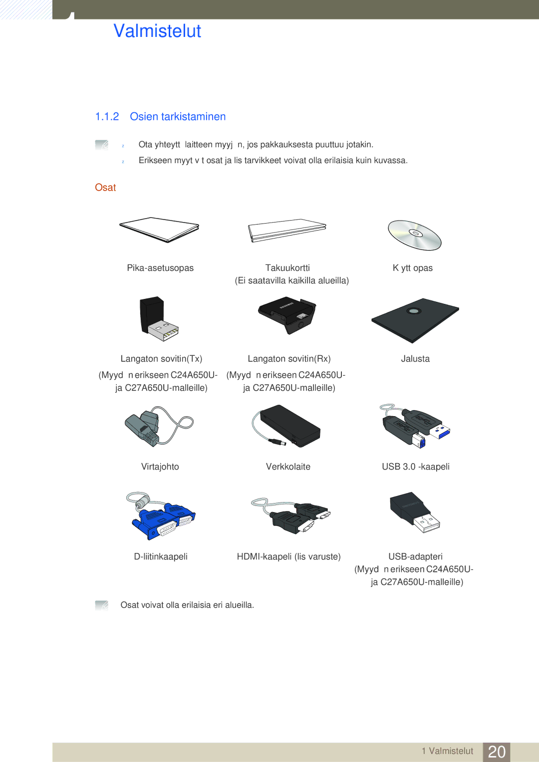 Samsung LC24A650XSR/EN manual Osien tarkistaminen, Pika-asetusopas Takuukortti, Osat voivat olla erilaisia eri alueilla 