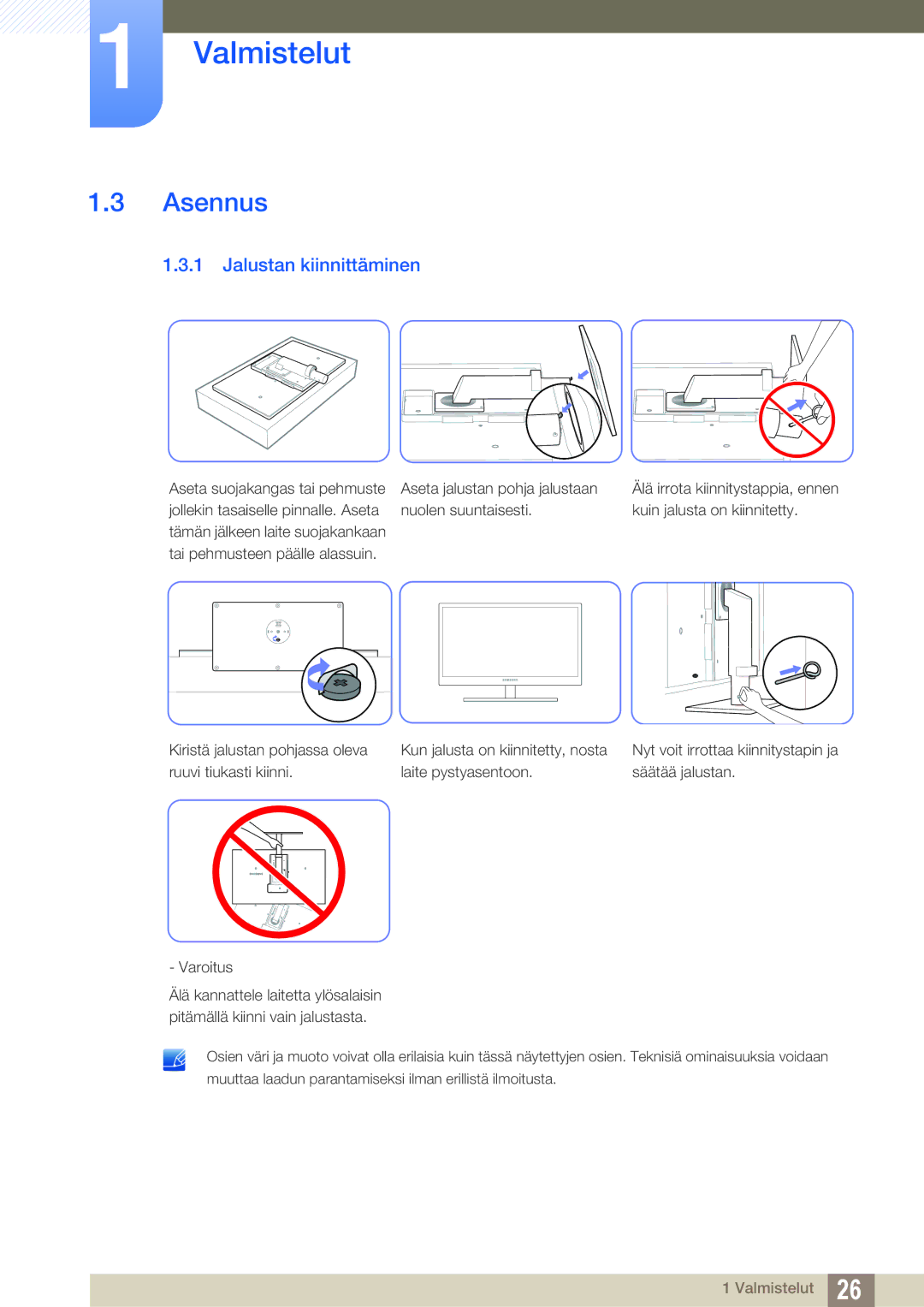 Samsung LC24A650XSR/EN, LC24A650XS/EN manual Asennus, Jalustan kiinnittäminen 