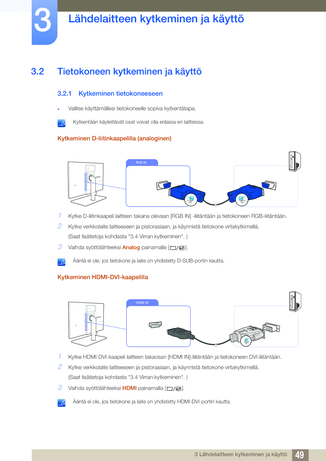 Samsung LC24A650XS/EN manual Tietokoneen kytkeminen ja käyttö, Kytkeminen tietokoneeseen, Kytkeminen HDMI-DVI-kaapelilla 