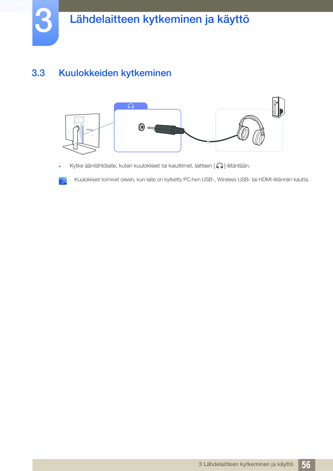 Samsung LC24A650XSR/EN, LC24A650XS/EN manual Kuulokkeiden kytkeminen 