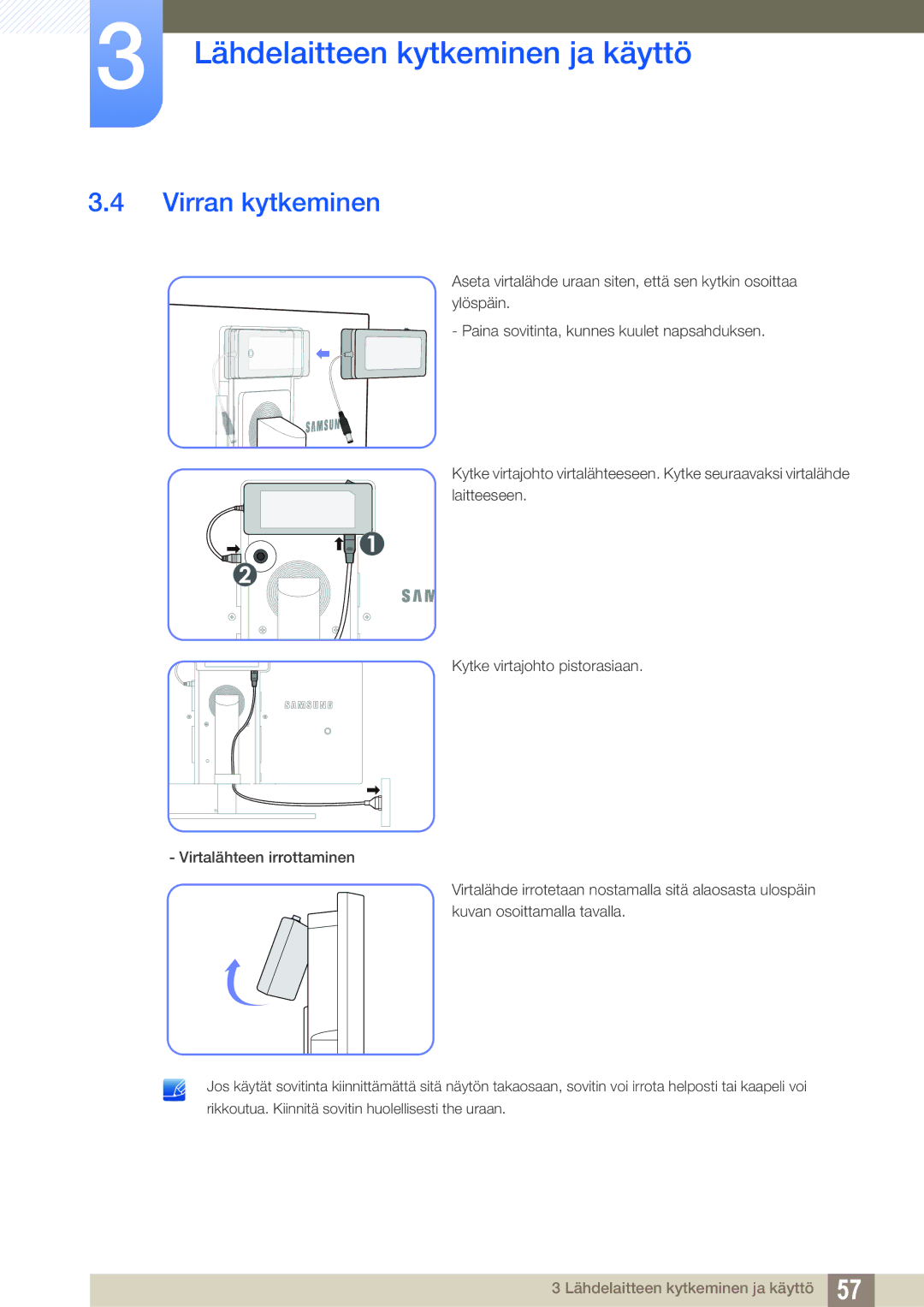 Samsung LC24A650XS/EN, LC24A650XSR/EN manual Virran kytkeminen 