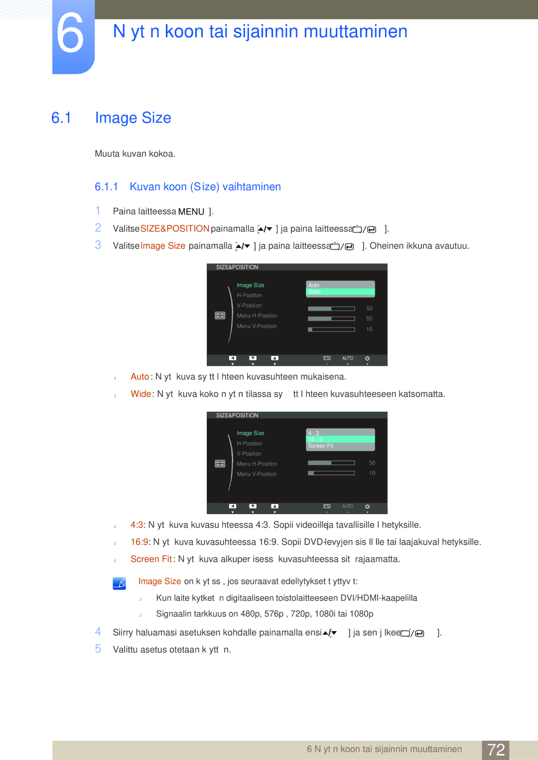 Samsung LC24A650XSR/EN Näytön koon tai sijainnin muuttaminen, Image Size, Kuvan koon Size vaihtaminen, Muuta kuvan kokoa 