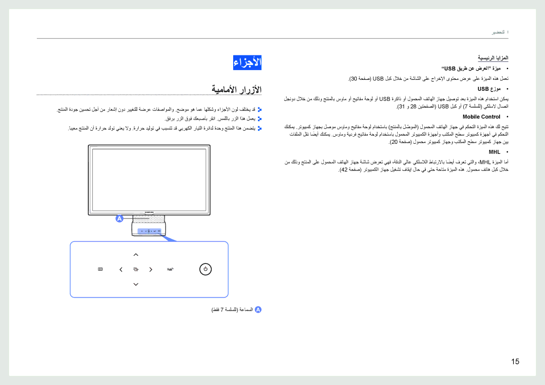 Samsung LC24B550US/ZR manual ءﺍﺰﺟﻷﺍ, ﺔﻴﻣﺎﻣﻷﺍ ﺭﺍﺭﺯﻷﺍ, Usb ﻖﻳﺮﻃ ﻦﻋ ﺽﺮﻌﻟﺍ ﺓﺰﻴﻣ, Usb ﻉﺯﻮﻣ, Mobile Control 