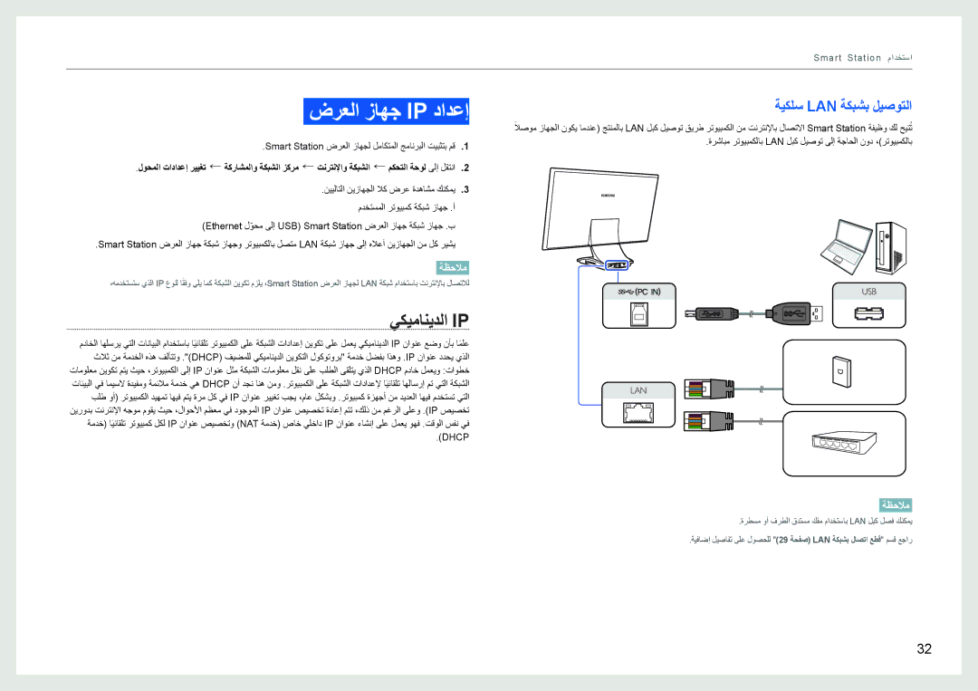 Samsung LC24B550US/ZR manual ﺽﺮﻌﻟﺍ ﺯﺎﻬﺟ Ip ﺩﺍﺪﻋﺇ, ﻲﻜﻴﻣﺎﻨﻳﺪﻟﺍ Ip, ﺔﻴﻜﻠﺳ Lan ﺔﻜﺒﺸﺑ ﻞﻴﺻﻮﺘﻟﺍ 