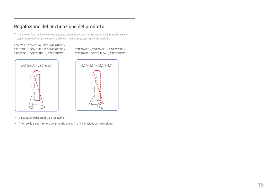 Samsung LC27F390FHUXEN, LC24F390FHUXEN, LC27F396FHUXEN, LC24F396FHUXEN manual Regolazione dellinclinazione del prodotto 