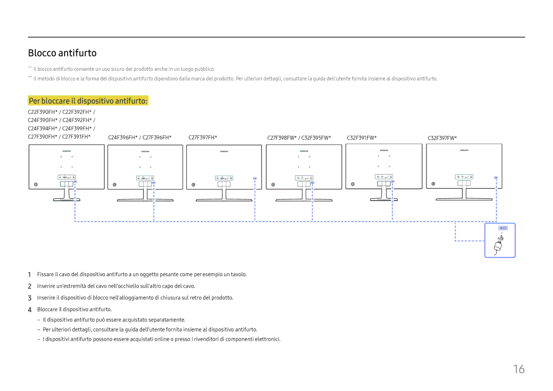 Samsung LC22F390FHUXEN, LC24F390FHUXEN, LC27F396FHUXEN manual Blocco antifurto, Per bloccare il dispositivo antifurto 