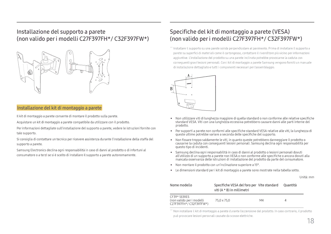 Samsung LC24F390FHUXEN, LC27F396FHUXEN, LC24F396FHUXEN, LC27F390FHUXEN manual Installazione del kit di montaggio a parete 