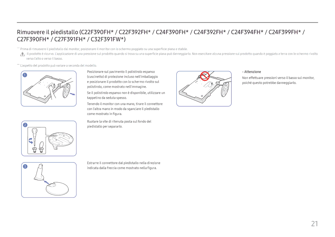 Samsung LC27F390FHUXEN, LC24F390FHUXEN, LC27F396FHUXEN, LC24F396FHUXEN, LC22F390FHUXEN, LS22E45UDW/EN manual Attenzione 