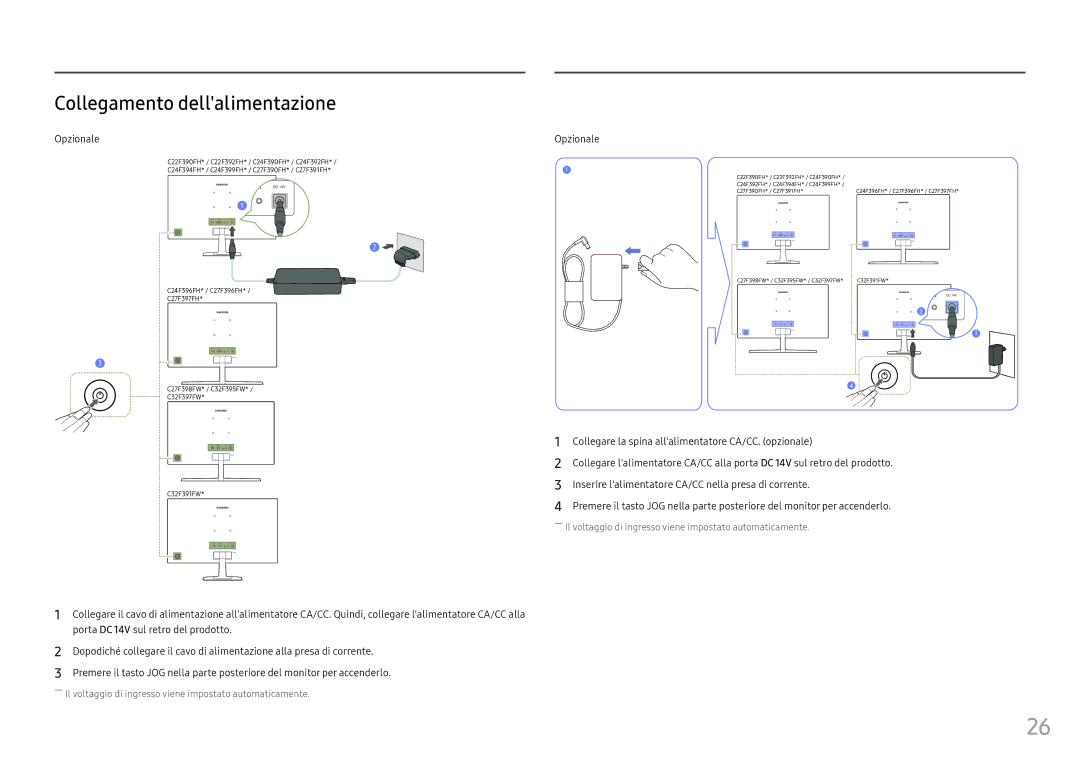 Samsung LC24F396FHUXEN, LC24F390FHUXEN Collegamento dellalimentazione, Collegare la spina allalimentatore CA/CC. opzionale 