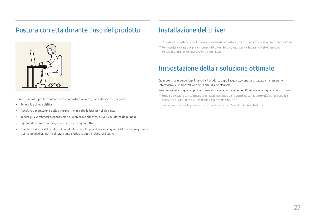 Samsung LC27F390FHUXEN, LC24F390FHUXEN, LC27F396FHUXEN, LC24F396FHUXEN manual Postura corretta durante luso del prodotto 