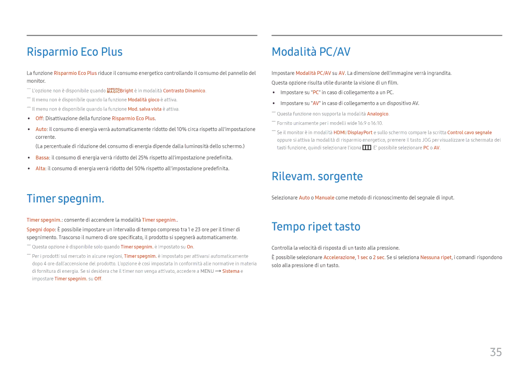 Samsung LS22E45UDW/EN manual Risparmio Eco Plus, Timer spegnim, Modalità PC/AV, Rilevam. sorgente, Tempo ripet tasto 