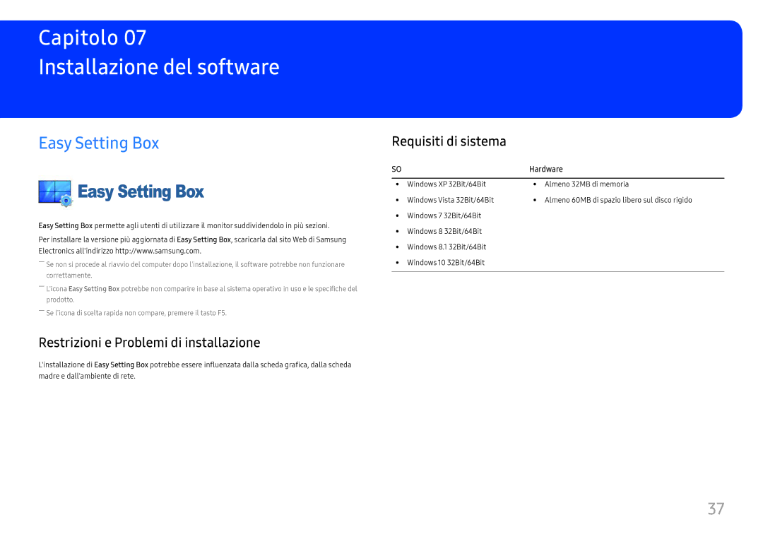 Samsung LC27F396FHUXEN manual Installazione del software, Easy Setting Box, Restrizioni e Problemi di installazione 