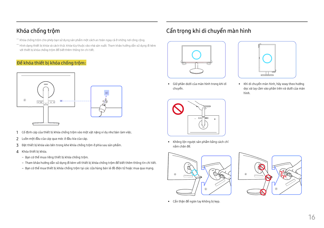 Samsung LC24FG70FQEXXV, LC27FG70FQEXXV manual Khó́a chống trộ̣m, Cẩ̉n trọ̣ng khi di chuyển màn hình, Chuyể̉n, Hì̀nh 